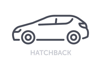 Vehicles types concept. Minimalistic linear hatchback icon. Silhouette of car body. Stylish automobile for driving on city road. Cartoon flat vector illustration isolated on white background