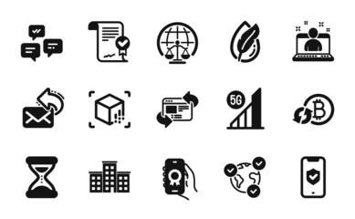 Vector set of Refresh bitcoin, Chat messages and Company icons simple set. Magistrates court, Refresh website and Share mail icons. Approved agreement, Time and Augmented reality signs. Vector