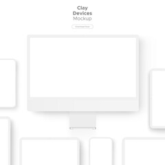 Clay Responsive Devices Mockup. White Computer Monitor, Tablet, Smartphone. Vector Illustration - obrazy, fototapety, plakaty