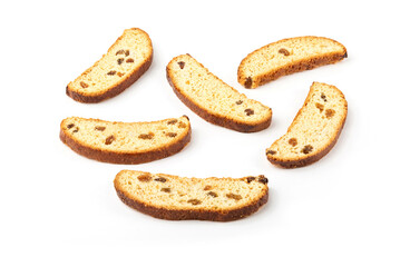 Wheat bread croutons with raisins, crackers, sweet croutons on a white background.