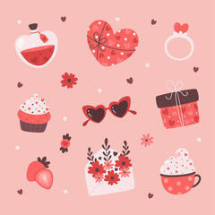 Happy Valentines Day cute elements. Love, romantic, wedding, Valentines day concept. Vector illustration