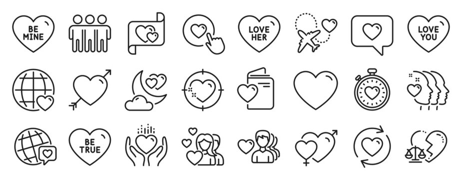 Set of Love icons, such as Friendship, Hold heart, Be true icons. Heart, Be mine, Love you signs. Love, Like button, Friends couple. Divorce lawyer, Heartbeat timer, Honeymoon travel. Vector