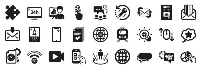 Set of Technology icons, such as Refresh mail, Pie chart, Video camera icons. Swipe up, Coffee vending, Loyalty star signs. Smartphone, Quick tips, Mobile survey. People chatting, Train. Vector