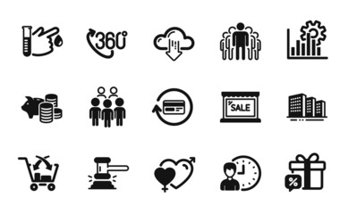 Vector set of Buildings, Judge hammer and Sale gift icons simple set. Sale, Piggy bank and Refund commission icons. Male female, 360 degree and Seo graph signs. Buildings simple web symbol. Vector