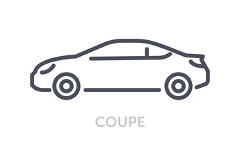 Vehicles types concept. Minimalistic icon with coupe. Small car with two doors. Comfortable double automobile for driving around city. Cartoon flat vector illustration isolated on white background
