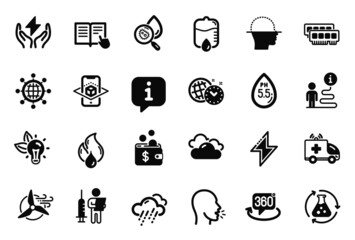 Vector Set of Science icons related to Cough, Time management and International globe icons. Vaccination announcement, Flammable fuel and Chemistry experiment signs. Water analysis, Ram. Vector