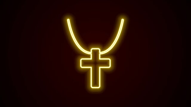 Glowing neon line Christian cross on chain icon isolated on black background. Church cross. 4K Video motion graphic animation