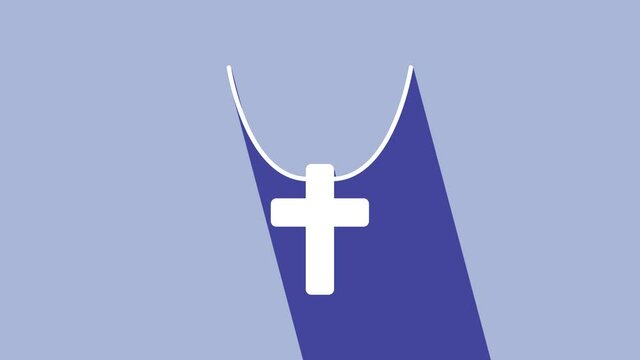 White Christian cross on chain icon isolated on purple background. Church cross. 4K Video motion graphic animation
