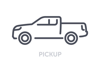 Vehicles types concept. Minimalistic icon with pickup. Large car with open trunk for transporting objects. Automobile for rural areas. Cartoon flat vector illustration isolated on white background