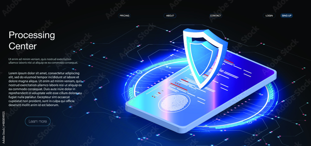 Poster network mobile security isometric. online server protection system concept with data center or block