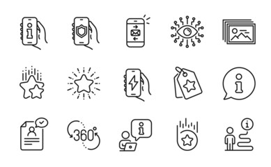 Technology icons set. Included icon as Artificial intelligence, Loyalty tags, Image gallery signs. Loyalty star, Charging app, Ranking stars symbols. Mail, Info app, 360 degree. Star. Vector