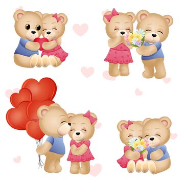 Set of lovers teddy bears. Vector illustration 