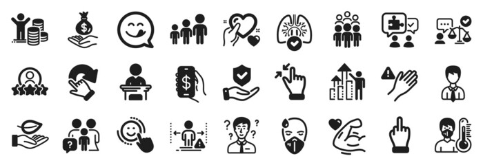 Set of People icons, such as Businessman, Leaf, Middle finger icons. Hold heart, Support consultant, Social distance signs. Human rating, Money app, Sick man. Income money, Lawyer, Smile. Vector