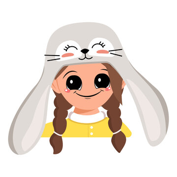 Avatar of girl with big eyes and wide happy smile in cute rabbit hat with long ears. Head of child with joyful face for holiday Easter, New Year or carnival costume for party. Vector flat illustration