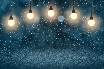 Fototapeta na wymiar light blue cute glossy glitter lights defocused light bulbs bokeh abstract background with sparks fly, holiday mockup texture with blank space for your content