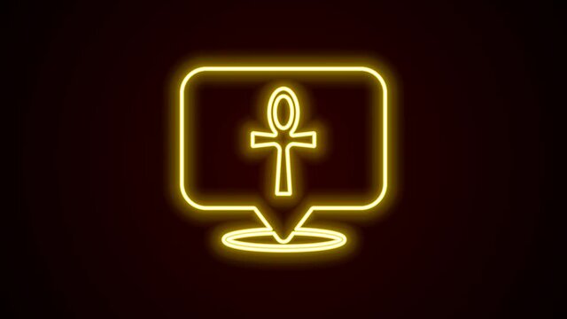 Glowing neon line Cross ankh icon isolated on black background. Egyptian word for life or symbol of immortality. 4K Video motion graphic animation