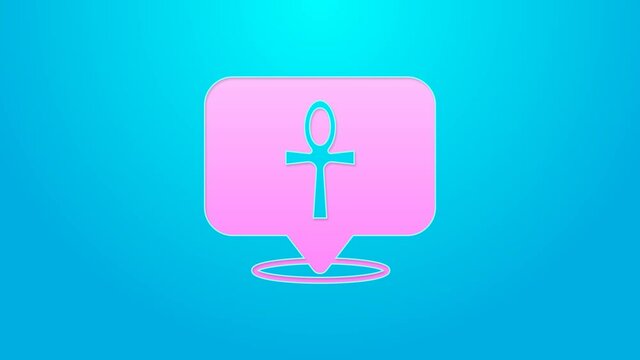 Pink line Cross ankh icon isolated on blue background. Egyptian word for life or symbol of immortality. 4K Video motion graphic animation