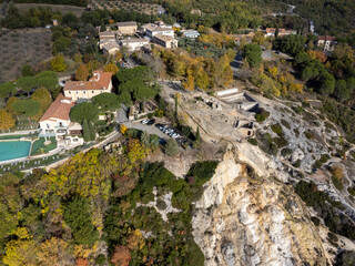 Fototapeta na wymiar Aerial view on free hot thermal springs and pool in nature park Dei Mulini, Bagno Vignoni, Tuscany, Italy