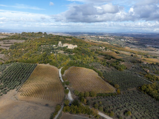 Fototapeta premium Aerial panoramic view on hills of Val d'Orcia near Bagno Vignoni, Tuscany, Italy. Tuscan landscape with cypress trees, vineyards, forests and ploughed fields in autumn.