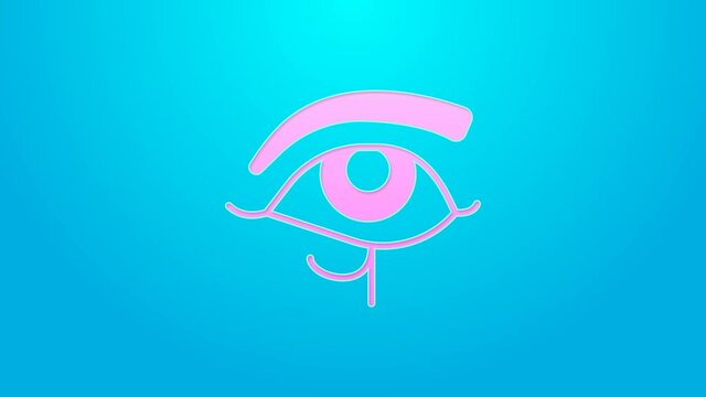 Pink line Eye of Horus icon isolated on blue background. Ancient Egyptian goddess Wedjet symbol of protection, royal power and good health. 4K Video motion graphic animation