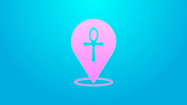 Pink line Cross ankh icon isolated on blue background. Egyptian word for life or symbol of immortality. 4K Video motion graphic animation