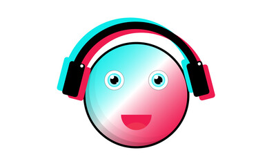 Happy emoticon in headphones, pink and blue color. Emblem for social networks.