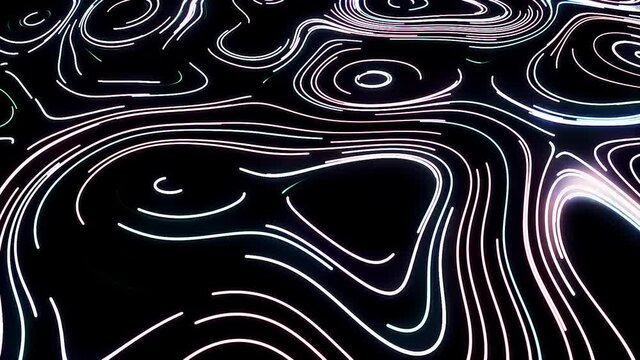Round pattern of lines in relief style. Motion. Beautiful neon lines move in circular orbits on black background. Cartographic or relief pattern of circles and lines