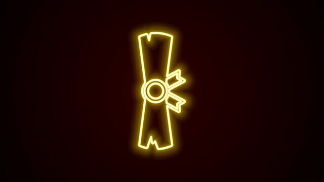 Glowing neon line Ancient papyrus scroll icon isolated on black background. Parchment paper. Ancient Egypt symbol. 4K Video motion graphic animation
