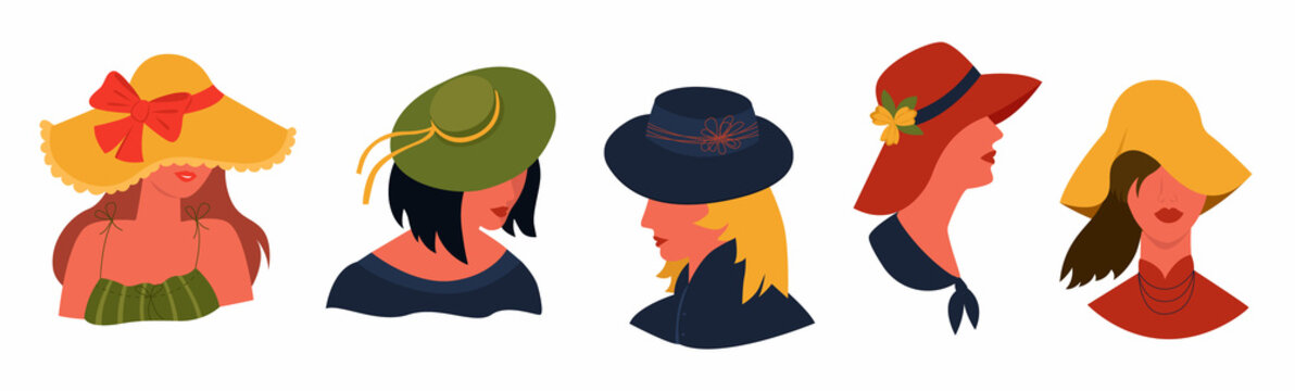 Vector set of women s heads with hats on them. The straw beach hat, boater, fedora, slouch, cloche are depicted. The concept of headdress, fashion.