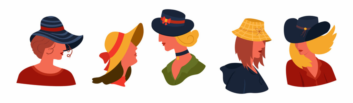 Vector set of women s heads with hats on them. Capelin, slouch, Fedora, cloche and a cowboy hat are depicted. The concept of headdress, fashion.