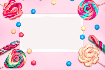 copyspace blank image created with colorful candies and bonbons, suitable for use as valentine's day and greeting cards