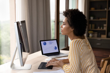 Focused young African American businesswoman looking at computer monitor, analyzing sales statistics data or marketing research results, typing preparing electronic document using different gadgets.