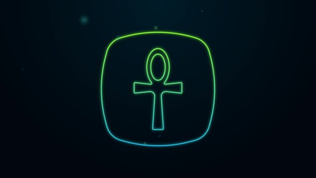 Glowing neon line Cross ankh icon isolated on black background. Egyptian word for life or symbol of immortality. 4K Video motion graphic animation