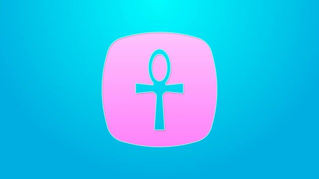 Pink line Cross ankh icon isolated on blue background. Egyptian word for life or symbol of immortality. 4K Video motion graphic animation
