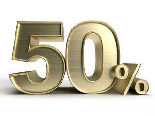 Isolated Logo of Golden Jubilee Anniversary. Gold Metallic Three Dimensional Alphabet Fifty Percent, Five Zero or 50%, 3D Render Illustration with White Background.