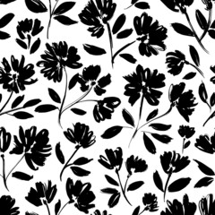 Plain floral drawing seamless pattern. Silhouettes of blooming black flowers. Elegant botanical pattern made of spring flowers. Hand drawn fabric, gift wrap, wall design. Nature ornament for textile