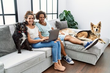 Man and woman couple using laptop sitting on sofa with dogs at home