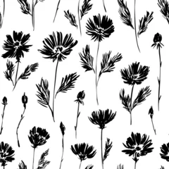 Tapeten Schwarz-weiß Silhouette Wiese Blumen Musterdesign. Handgezeichnete abstrakte kleine Blumenverzierung. Botanische schwarze Tintenvektorillustration. Retro-Design für Textilien, Packpapier, Tapetendesign