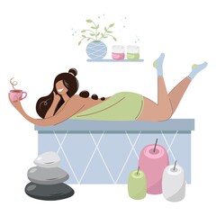 African American woman relaxing in spa with massage stones and cup of coffee. The girl drinks coffee in the sauna. Bath and spa treatments at home or at the spa. Vector design for posters, banners.