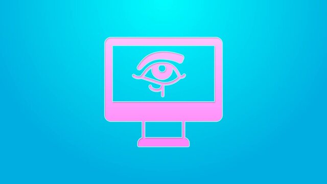 Pink line Eye of Horus on monitor icon isolated on blue background. Ancient Egyptian goddess Wedjet symbol of protection, royal power and good health. 4K Video motion graphic animation