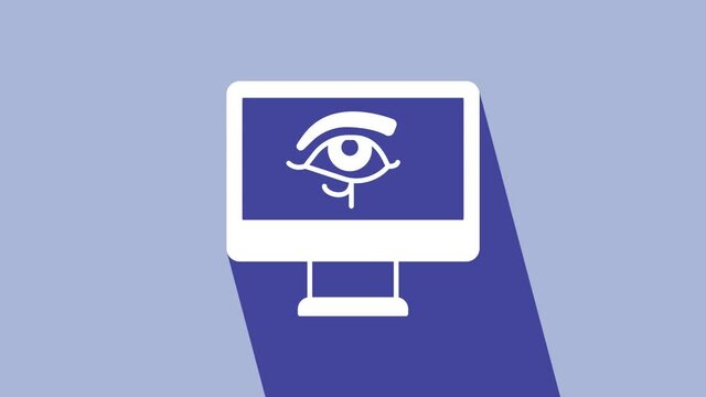 White Eye of Horus on monitor icon isolated on purple background. Ancient Egyptian goddess Wedjet symbol of protection, royal power and good health. 4K Video motion graphic animation