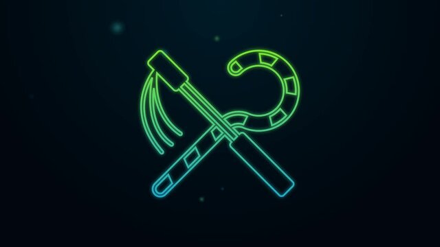 Glowing neon line Crook and flail icon isolated on black background. Ancient Egypt symbol. Scepters of egypt. 4K Video motion graphic animation