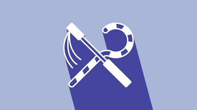 White Crook and flail icon isolated on purple background. Ancient Egypt symbol. Scepters of egypt. 4K Video motion graphic animation