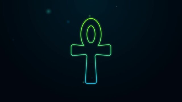 Glowing neon line Cross ankh icon isolated on black background. Egyptian word for life or symbol of immortality. 4K Video motion graphic animation