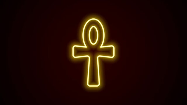 Glowing neon line Cross ankh icon isolated on black background. Egyptian word for life or symbol of immortality. 4K Video motion graphic animation