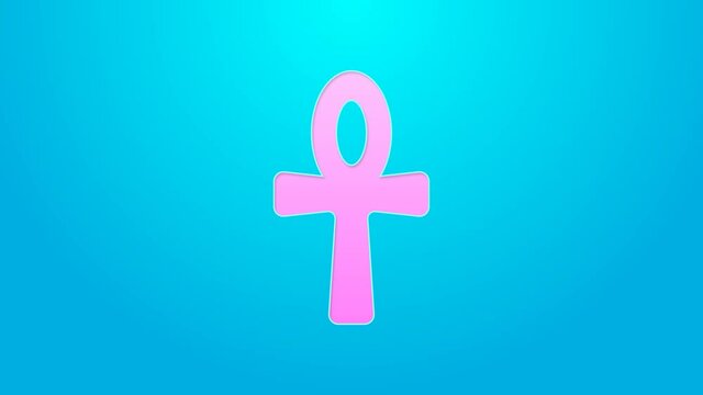 Pink line Cross ankh icon isolated on blue background. Egyptian word for life or symbol of immortality. 4K Video motion graphic animation