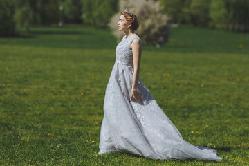 The beautiful woman in a dress in the field.