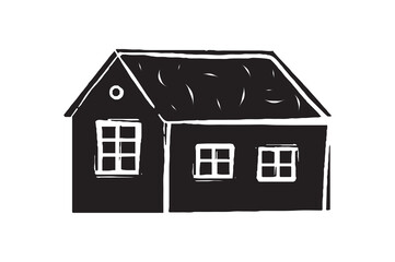 Agriculture and Farming concept. Minimalistic icon with black animal shed and farmhouse. Sticker with barn with windows. Cartoon flat hand drawn vector illustration isolated on white background