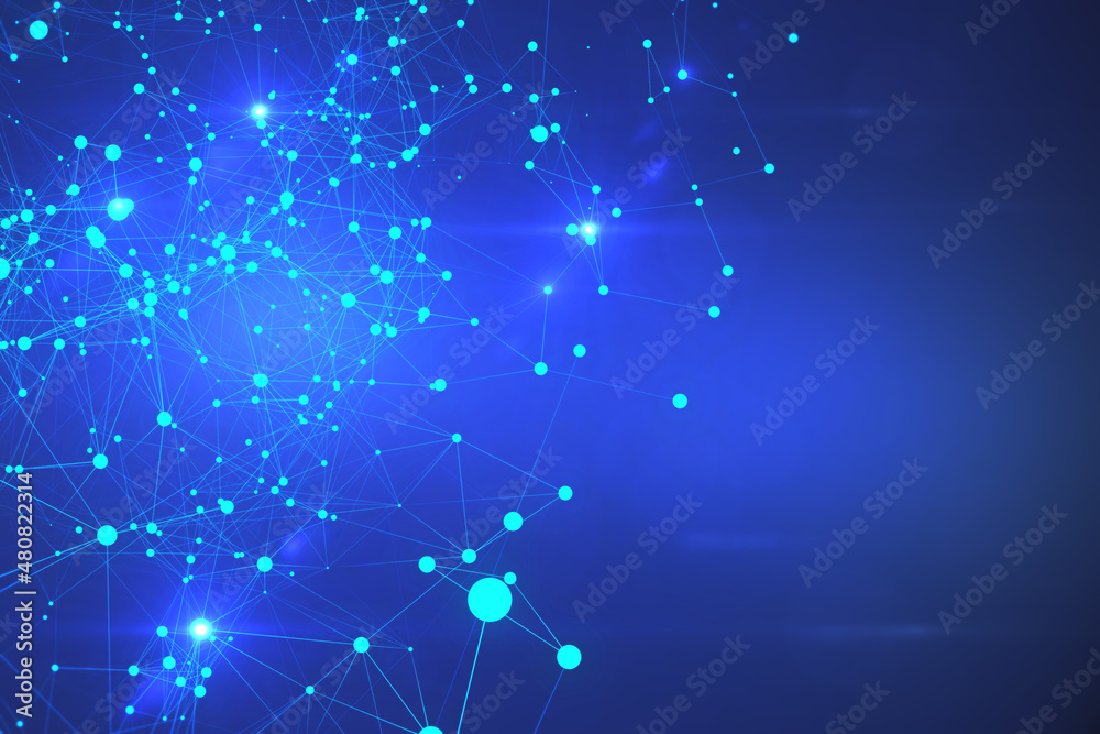 Fototapete Creative glowing connected dots interface on dark backdrop with mock up place. Network and connection concept. 3D Rendering.