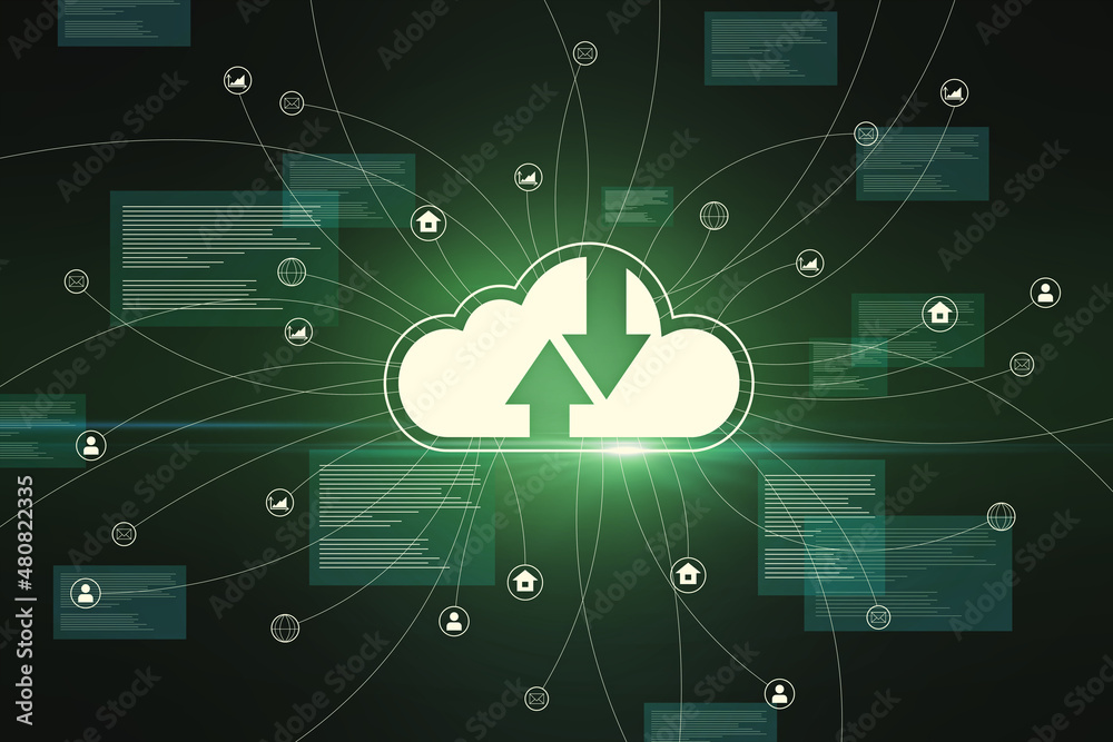 Aufkleber Abstract glowing cloud computing interface on blurry dark background. Online network and database concept. 3D Rendering.